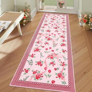 GarveeHome Runners for Hallways Non Slip, 2x6 Kitchen Runner Rug Red Bow Rugs for Bedroom Girls, Low Pile Soft Washable Runner Floral Red Area Rug for Nursery Entryway Dorm Christmas Decor