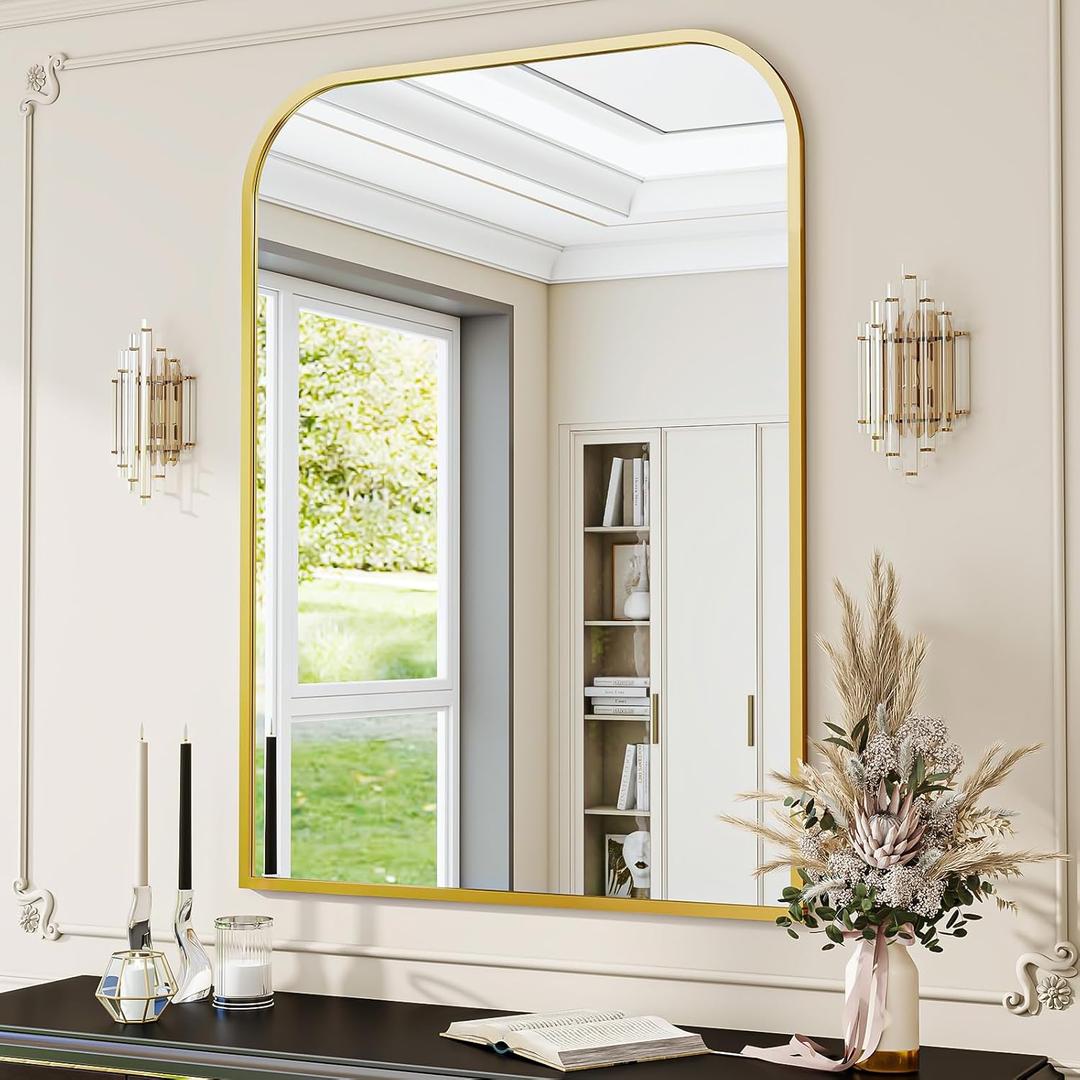 Gold Wall Mounted Bathroom Mirror - 36 x 24 Inch Round Cruved Top Right Angle Bottom Wall Mirror, Aluminum Metal Framed, Decor for Living Room, Bedroom, Fireplace, Mantle, Entryway