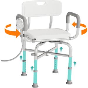 PETKABOO Swivel Shower Chair with Armrests and Back, 550 lbs Heavy-Duty Shower Seat for Showers and Bathtubs, 5- Height-Adjustable Adult Shower Chair, Elderly Bathtub Chair