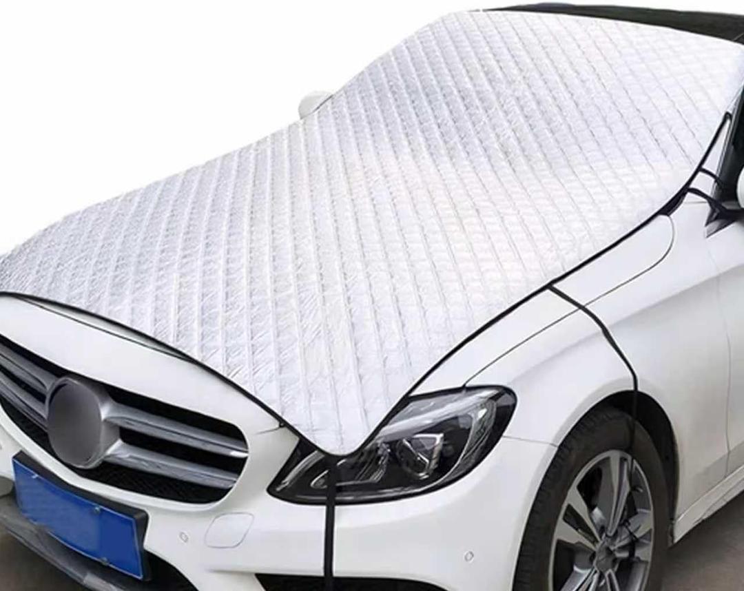 Car Hood Cover, Multi-Layer Thickening Waterproof Coat for Front Windshield Hood, All Seasons Foldable Shield with Fixed Strap, Universal Half Car Snow Cover (Silver)