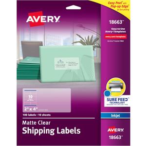 Avery Printable Shipping Labels with Sure Feed, 2" x 4", Matte Clear, 100 Blank Mailing Labels (18663)