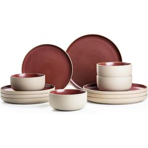 12 Pieces Dinnerware Sets,Plates and Bowls Sets,Handmade Reactive Glaze Dishes Set for 4 with at Least 10% Recycled Ceramic and the Raw Texture of the Clay (Angora Red)