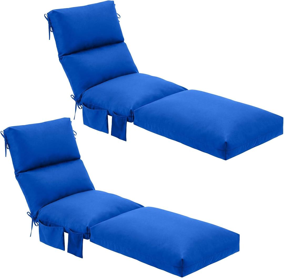 Kigley 2 Pcs Chaise Lounge Cushions, 78 x 22 x 4.7 Inch Outdoor Lounge Chair Cushions with Pocket, Thick Tufted Patio Recliner Replacement with Ties, Fade Resistant for Pool Furniture (Blue)