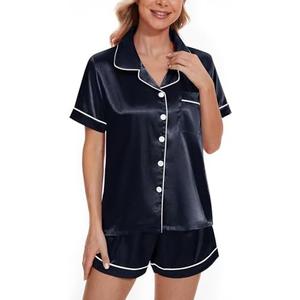 YIJIU Womens Satin Silk Pajamas Set Short Sleeve Button Down Top and Shorts Sleepwear Comfy 2 Piece Pjs Set Loungewear, Navy Blue, M