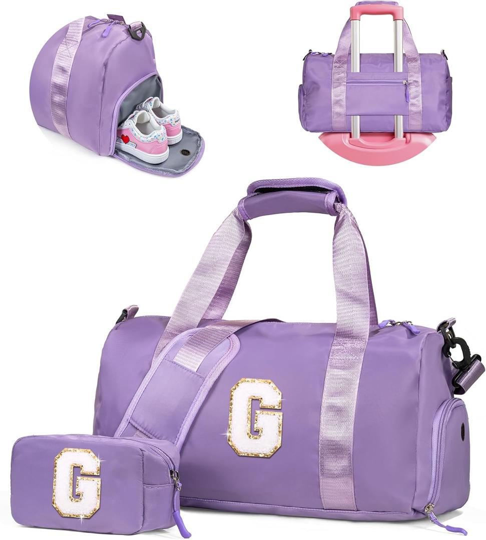 Gifts for 4 5 6 7 8 9 10 Year Old Girls-Girl Gym Bag with Shoe Compartment, Kid Personalized Weekender Overnight Bags, Initial Travel Tote with Makeup Pouch, Gift for Daughter (Letter G) (Solid Purple)