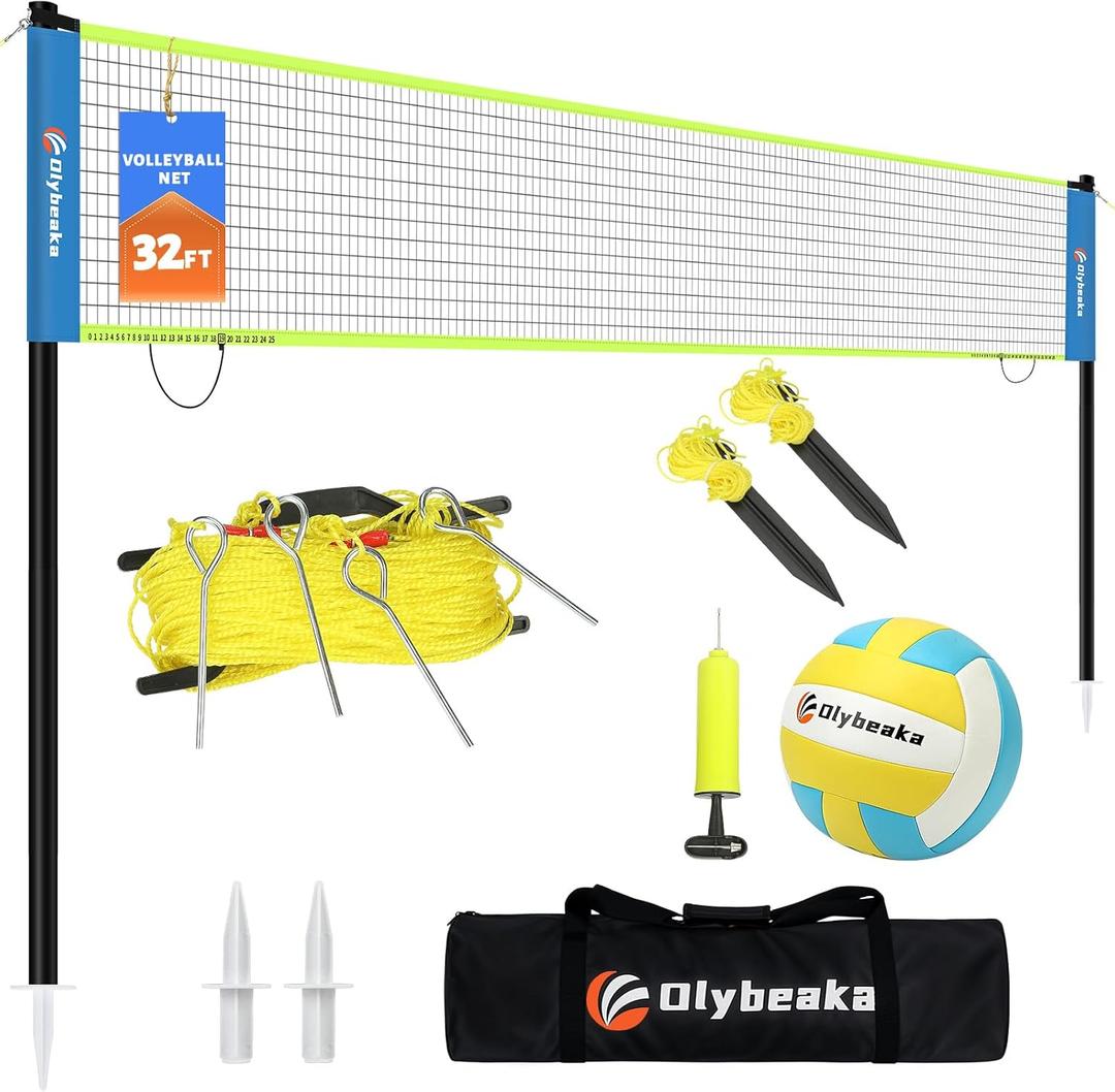 Portable Outdoor Volleyball Net Set for Backyard Beach with Adjustable Poles, Soft PU Volleyball & Pump, Carry Bag and Durable Anti-Sagging Net (32ft, Blue and Green)