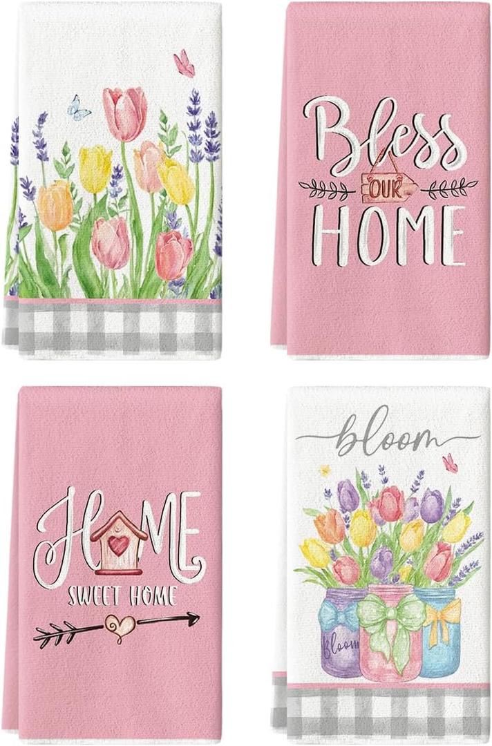 Artoid Mode Tulip Butterfly Lavender Vase Bow House Heart Spring Kitchen Towels Dish Towels, 18x26 Inch Farmhouse Summer Decoration Cleaning Set of 4