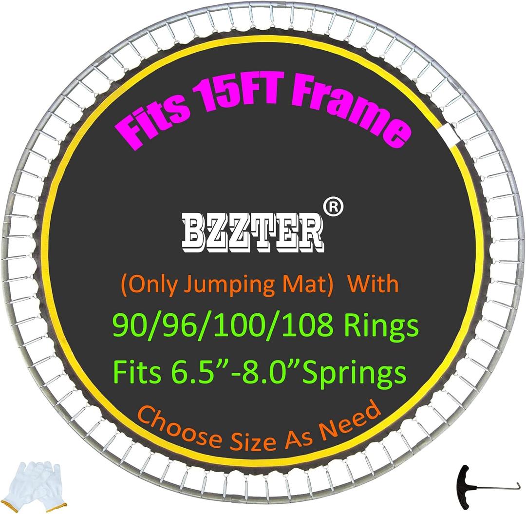 Trampoline Replacement Mat,Fits 15ft Round Frame with 90/96/100/108 Rings,Fits 5.3-8.5" Springs,Longer Lasting with 10 Rows of Stitches,w/Pull Hook and Gloves,13ft-13.4ft Trampoline Mat