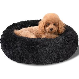 Dog Calming Beds for Small Medium Large Dogs - Round Donut Washable Puppy Dog Bed, Anti-Slip Faux Fur Fluffy Donut Cuddle Anxiety Cat Pet Bed(20" Black