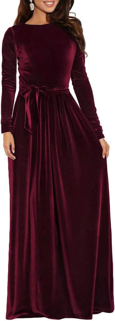 Women's Velvet Maxi Dress Crew Neck Long Sleeve High Waist with Belt Cocktail Party Bridesmaid Dresses Burgundy XL