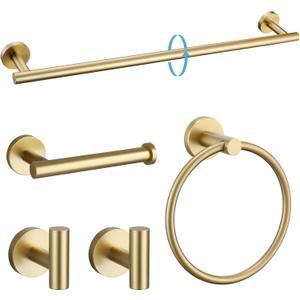 TURS Brushed Gold 5 Piece Bathroom Hardware Set, SUS304 Stainless Steel 24 Inch Bath Towel Bar Set, Round Bathroom Accessories Kit Wall Mounted