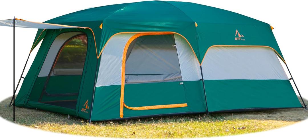 KTT Extra Large Tent 14 Person, Family Cabin Tents, 2 Rooms, Straight Wall, 3 Doors 3 Windows with Mesh, Waterproof, Straight Wall, Big Tent for Outdoor, Picnic, Camping, Gathering(Green)