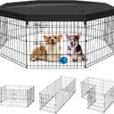 Dog Pen Pet Playpen Dog Fence Indoor Foldable Metal Wire Exercise Puppy Play Yard Pet Enclosure Indoor Outdoor 8 Panels 24 Inch with Bottom Pad/Top Cover (Black with top Cover)