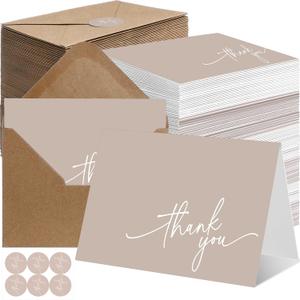 Gueevin 200 Pcs Thank You Cards with Kraft Envelopes and Stickers Bulk, 3.5 x 5 Inch Classy Blank Thank You Notes for Wedding, Business, Graduation, Baby Shower, Bridal Shower, Funeral (Khaki)