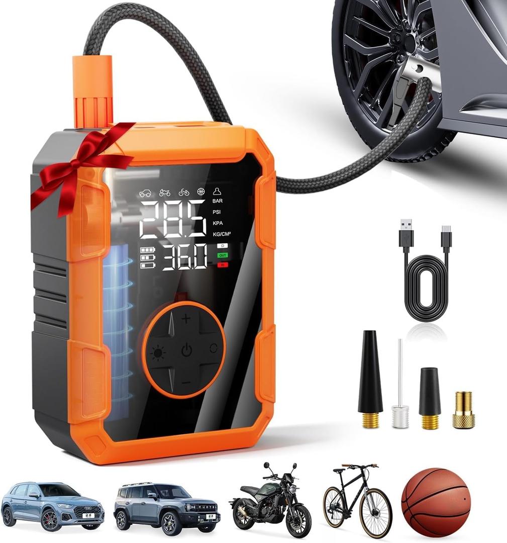 Portable Air Pump for Car Tires, 150 PSI Tire Inflator Cordless with LED Light, Rechargeable Auto Shut-off Air Compressor 2X Fast Inflation Tire Pumps for Car Bike Motorcycle Ball, Christmas Gift (Black&orange)