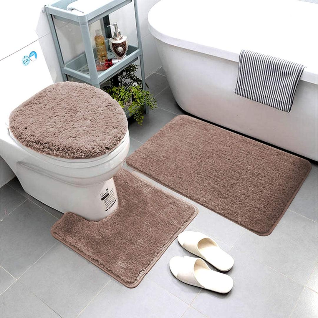Luxury Home Linen 3 Piece Super Soft and Fluffy Microfiber Absorbent Solid Bathroom Rug Set with Rubber Backing Includes Non-Slip Bath Rug, Contour Mat, and Toilet Lid Cover (Taupe)