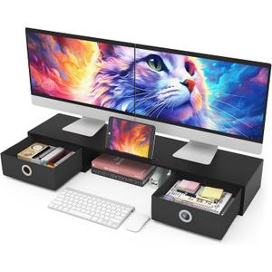 WESTREE Dual Monitor Stand Riser with Two Drawers, Extra Large Storage Monitor Stand for 2 Monitors, Desktop Oraganizer Stand for Computer,Laptop,Screen,Printer,TV (Black)