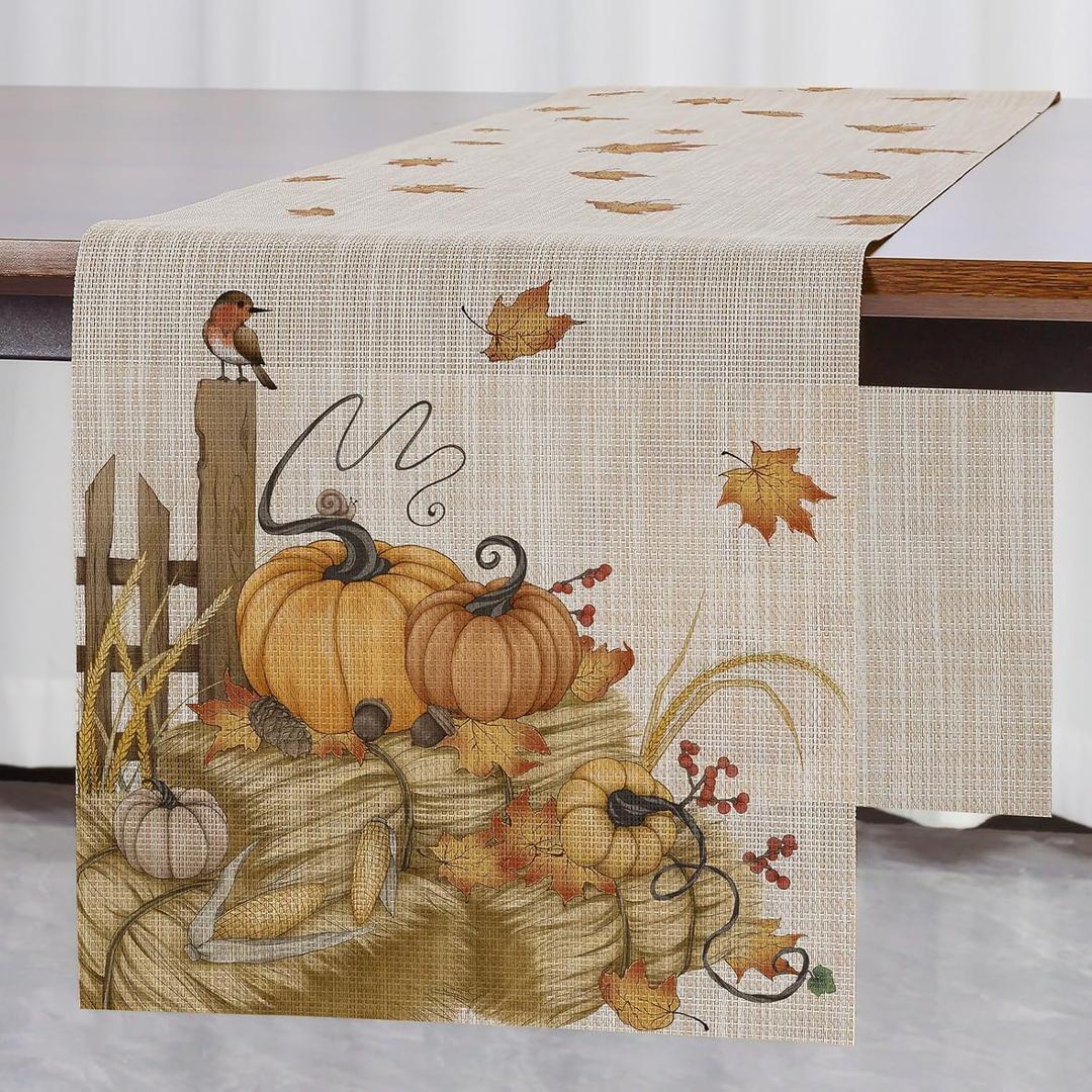 Thanksgiving Table Runner Fall Pumpkin Maple Leaves Table Runner Washable Non-Slip Heatproof Woven Seasonal Dining Table Decoration 12 x 70 Inch (Light Yellow6)