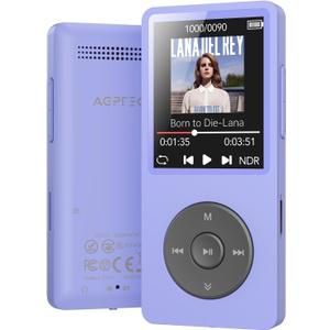 AGPTEK A02 MP3 Player with Bluetooth 5.3, 1.8 inch Screen Portable Music Player with Speaker, FM Radio, Voice Recorder, Supports Expanded Up to 128GB(Purple, 64GB)
