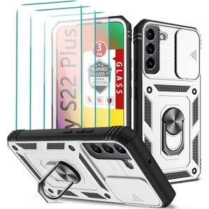 For Galaxy S22 Plus 5G Case, Galaxy S22+ Case with 3 Pcs Tempered Glass Screen Protector Built in Ring Stand Kickstand + Camera Cover, Hard PC Soft TPU Defender Full Body Protective Armor Cover -White (Whinte)