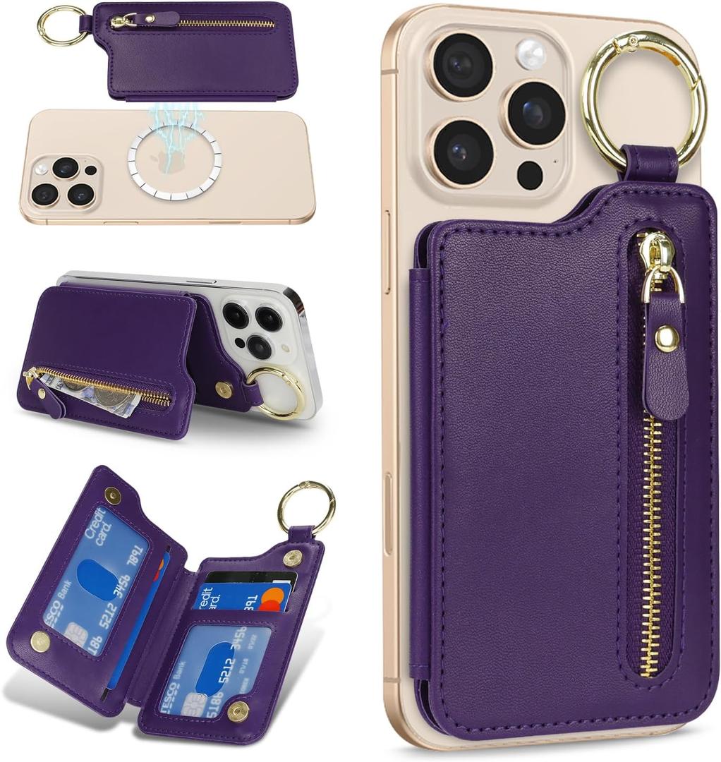 Cavor Compatible with MagSafe Wallet,Magnetic Wallet for iPhone 17/16 Pro Max/15 Pro/14 Plus/13/12 Series,Magnetic Card Holder with Adjustable Stand,Mag Safe Phone W allet Zipper-Purple