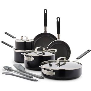 GreenPan x Bobby Flay 13 Piece Cookware Pots and Pans Set, Professional Grade Aluminum, PFAS & PFOA-Free Ceramic Nonstick, Induction Suitable, Stay-Cool Silicone Handle, Dishwasher & Oven Safe, Black (13 Piece Cookware Set)