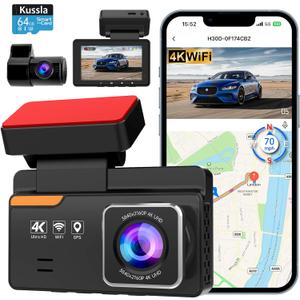 Dash Cam Front and Rear 4K+1080P, Dash Camera for Cars Built-in GPS WiFi, App Control, 64GB Card, 3 Inch IPS Screen Dual Dashcam Car Camera with ADAS, Night Vision, Loop Recording, G-Sensor