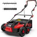 16-Inch 15.5 Amp 2-in-1 Electric Dethatcher and Scarifier, Lawn Dethatcher Rake with 14.5-Gallon Removable Thatch Bag, 5-Position Adiustment, Quick-Fold, Keeps Lawn Healthy - Red