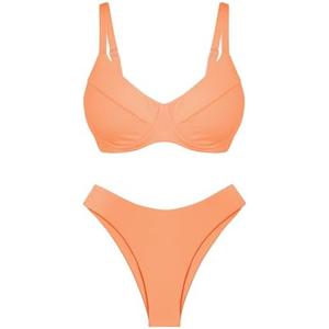 ZAFUL Women's Ribbed Underwire Bikini Set High Cut Colorblock V Notch Swimwear Printed High Leg Swimsuit Size M, Orange