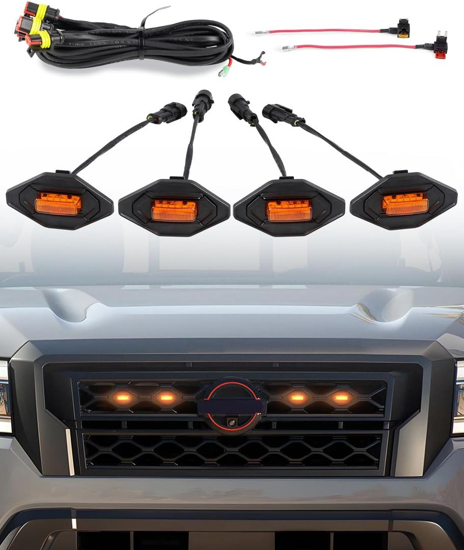 Seven Sparta LED Grill Lights Compatible with 2022-2024 Nissan Frontier S SV PRO-X PRO-4X SL Long Bed SV Hardbody Edition OEM Grille, Nissan Frontier Accessories (Amber Shell with Amber Lights)