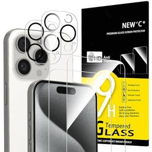 NEW'C 20  Pack, 10 Pack for iPhone 15 Pro Screen Protector (6.1 inch) + 10 Pack Camera Lens Protector, Sensor Protection,Case Friendly Tempered Glass Film