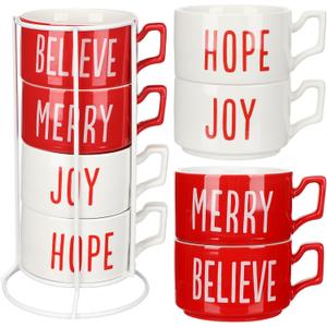 Sliner Set of 4 10 oz Christmas Stackable Large Coffee Mugs with Rack Porcelain Coffee Cups Ceramic Coffee Cup Set with Metal Stand Christmas Theme Coffee Mug for Espresso Tea Cocoa, Red White