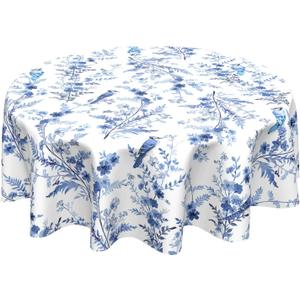 Blue Floral Round Tablecloth 60 Inch Chinoiserie Flowers Table Cloth Round Vintage Farmhouse Tablecloth Spring Blue White Floral Washable Round Table Cover for Home Picnic Dinner Table Decoration