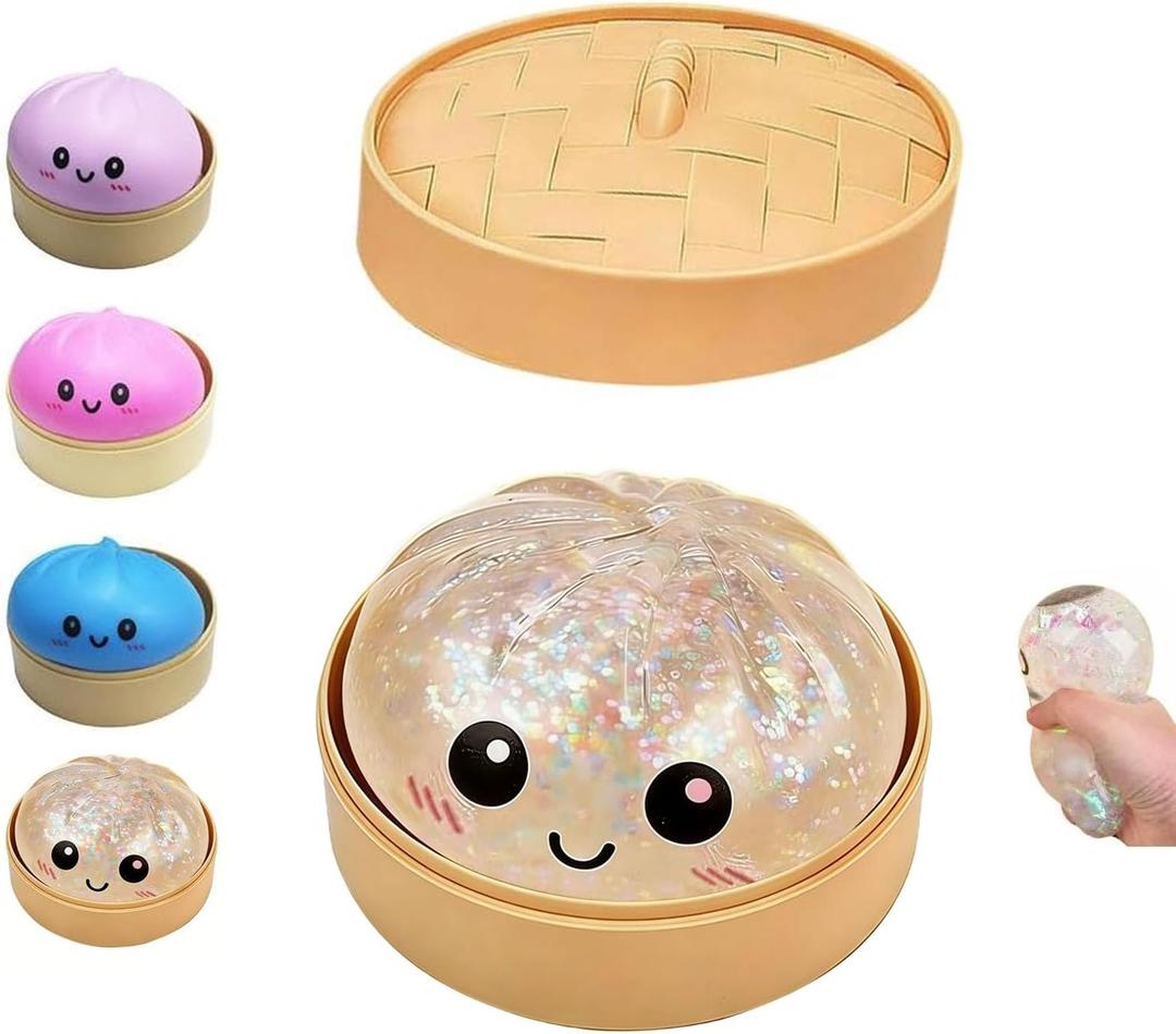 Dumpling Squishies Toy, Giant Glitter Dumpling, Colorful Dumplings Stress Balls Fidget Sensory Toy,Soft Squeeze Decompression Dough with Food Steamer, Stretchy Desk Toys (White)