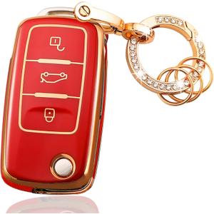OLLEN TPU Key Fob Cover with Bling Ring, Fit for Volkswagen VW Jetta Golf Polo MK6 Passat Tiguan Beetle Polo MK7 Passat Cross Gran Sagitar Santana Bora Skoda, Soft Remote TPU Key Case, 3 Button, Red