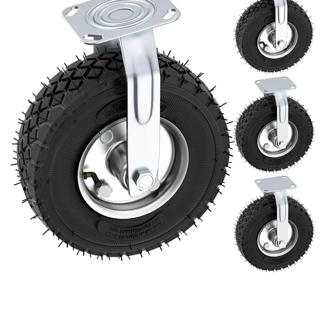 10 Inch Pneumatic Casters Set of 4 (2 Swivel/2 Rigid),Heavy Duty Casters,Tolerable 1300 LBS,Rubber Knobby Tread for Workbench, Cart, Trolley,Wagon and Shelves