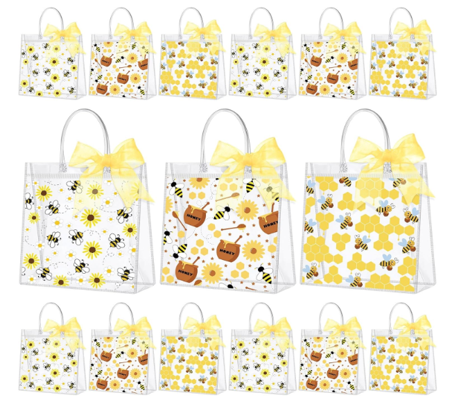 SilTriangle 30 Pcs Clear Bee Gift Bag with Handle Ribbon PVC Bee Party Favor Bag Reusable Honey Bow Goodie Treat Snack Party Supplies for Birthday Gender Reveal Baby Shower, 7.9''x 7.9''x 3.2''