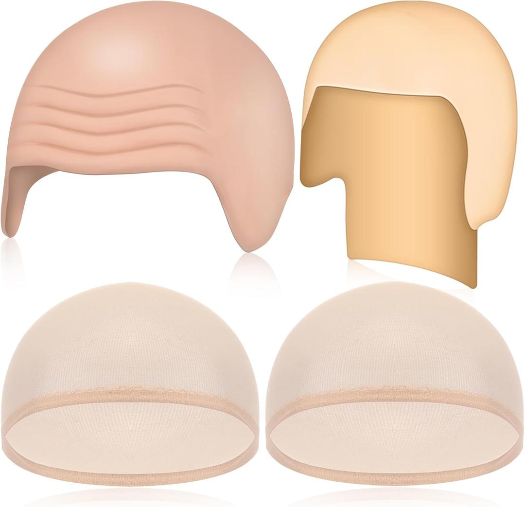 WILLBOND 4 Pcs Halloween Bald Caps Makeup Latex Bald Caps Head Wig hat Costume Accessories for Adults (Skin Color)