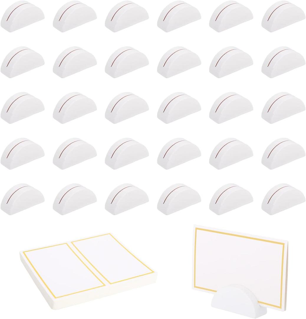 30pcs Wooden Table Number Holders, Semicircular Wood Table Number Stands with 60 Place Cards Photo Menu Tag Holder Support for Wedding Restaurant Banquet Birthday Party (White)