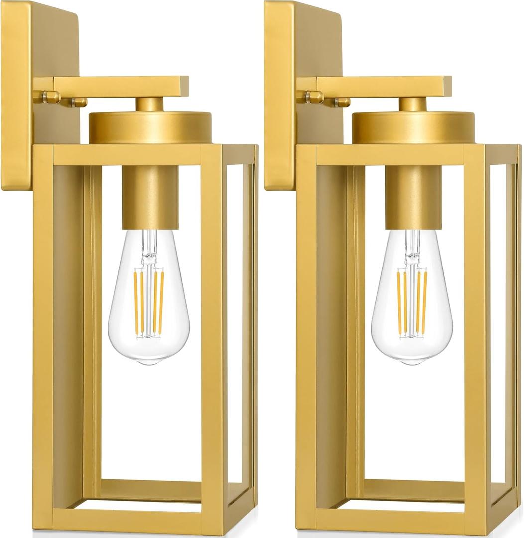BesLowe 2-Pack Outdoor Wall Light Fixtures, Exterior Waterproof Wall Lanterns, Porch Sconces Wall Mounted Lighting with E26 Sockets & Glass Shades, Modern Wall Lamps for Patio Front Door, Gold