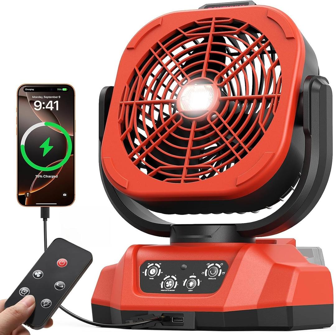 Battery Operated Fan for Milwaukee M18 battery, Camping Fan with USB A/C & LED Lights, 4 Speeds & Remote Control, Portable/Cordless/Battery Powered fan, for Outside, Jobsite (Battery Not Included)