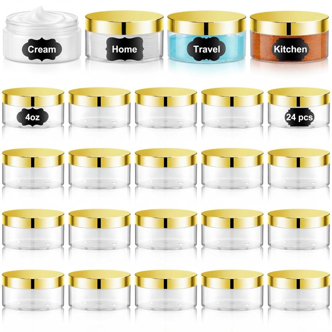 Dandat 24 Pcs 4 oz Plastic Jar Container with Lid and Label Refillable Empty Round Clear with Gold PET Cosmetic Sample Slime Containers for Lotion, Cream, Ointments, Body Butter, Makeup Travel Storage
