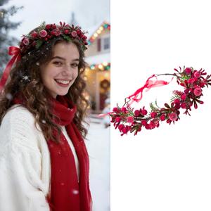Flower Crown Floral Headpiece Christmas Floral Crown Red Berry Pine Cone Wedding Festivals Flower Headband Girls Boho Photo Props (red)