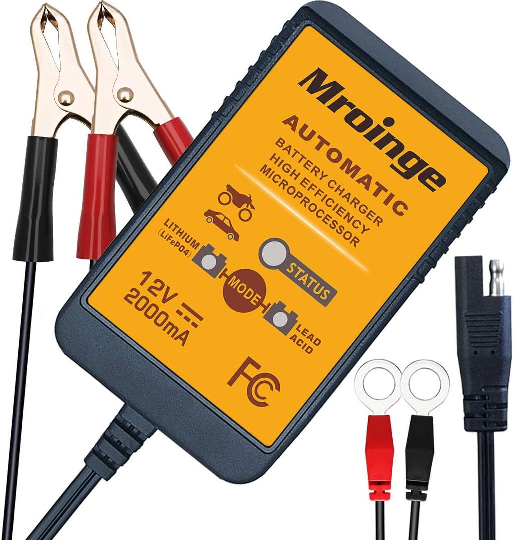 MBC022, 12V 2A Lead Acid & Lithium(LiFePO4) Automatic Trickle Battery Charger Smart Battery Maintainer for Car Motorcycle Lawn Mower Boat ATV SLA AGM Gel Lithium(LiFePO4) and More Batteries