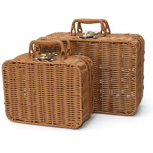 1pc Mini Wicker Picnic Basket, Decorative Prop Suitcase Vintage Storage Hamper Makeup Organizer, Metal Lock Rattan Storage Box with Handles for Sundries Travel Camping and Outdoor Party (Brown, L)
