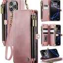 ZiFoldy for iPhone 16 Pro (6.3") Case Wallet with RFID Blocking 2-Zipper Pockets & 8-Credit Card Holder Slots & Wrist Strap | Vintage Soft PU Leather Magnetic Snap Flip Protective Phone Cover, Pink