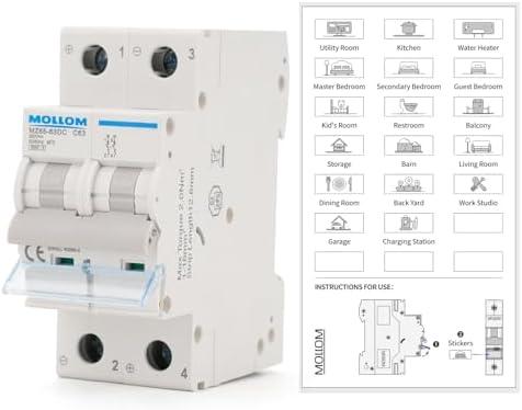 MOLLOM DC 2 Pole Miniature Circuit Breaker, 250V 63Amps, C63 Scene Visualization Custom MCB Thermal Magnetic Trip, 6KA Breaking Capacity DC Disconnect Switch for Solar PV System ( 2 Pack)