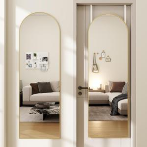 Arched Full Length Door Mirror 14x48, Metal Frame with Protective Film, No-Drilling Hanging or Wall Mount, Hooks & Hardware Included, Full Body Mirror for Bedroom, Dorm, Gold
