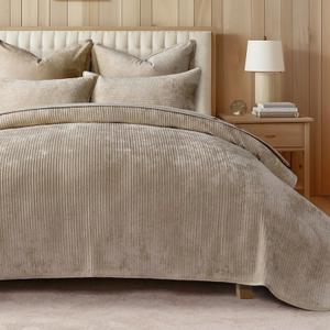 EVERGRACE Velvet Quilt Set King Size, Luxurious Soft Quilted Bedding Sets, Lightweight Velvet Comforter for All Season, Striped Channel Bedspread Coverlet with 2 Shams, Urban Taupe