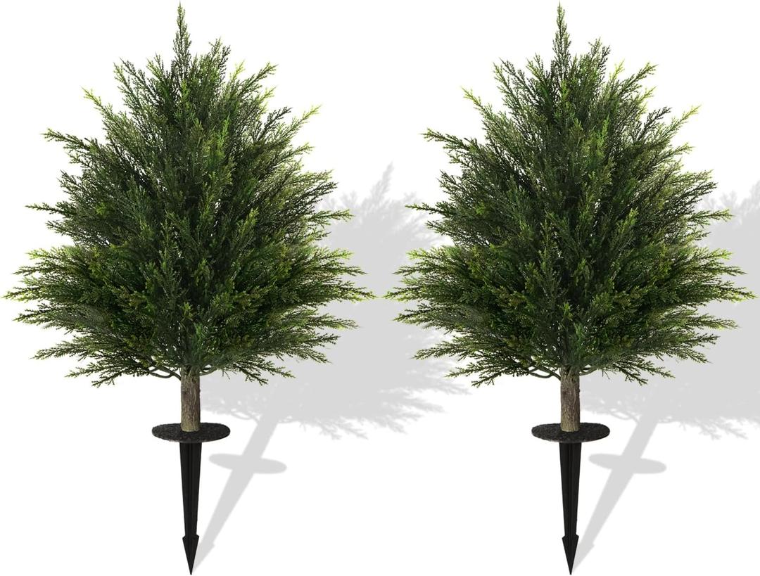 2ft Tall 2 Set Artificial Cypress Topiary Tree, Outdoor Fake Boxwood Cedar Tree with Spike, Indoor Realistic Faux Bushes Plants for Home Living Room Outside Front Porch Decor